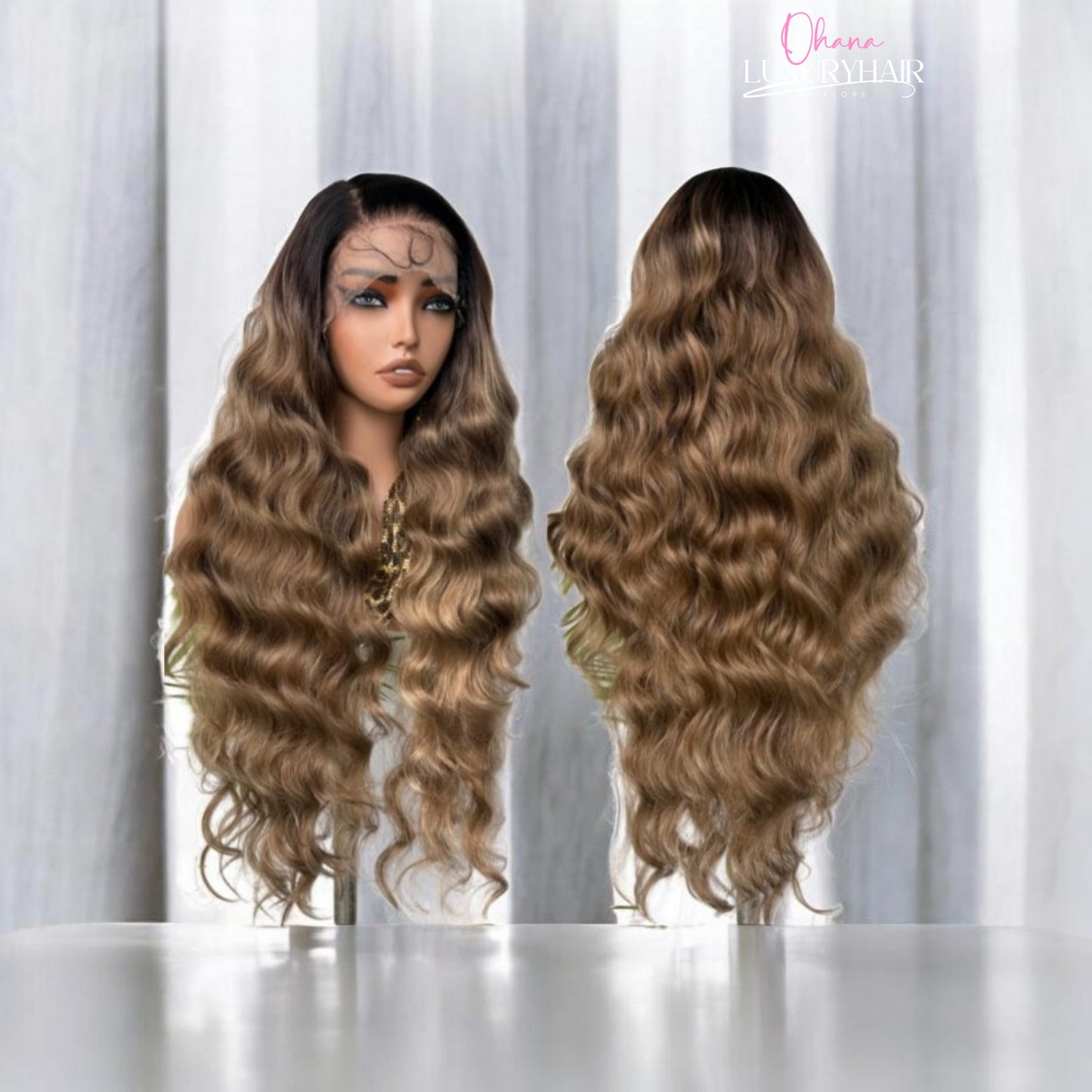 Sofia –Perruque Ondulée dorée-Effet Glamour