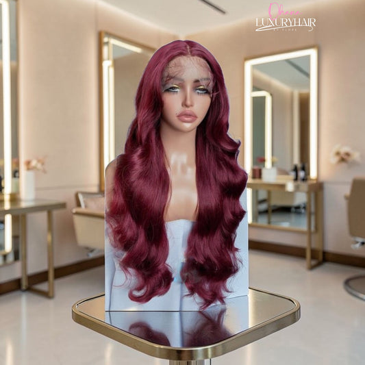 Bella-Perruque Bordeaux Long Ondulée Effet brillance