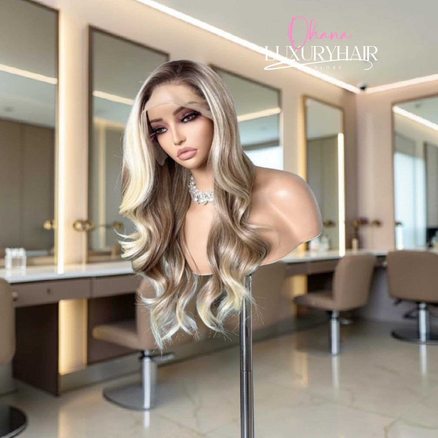 Elena-Perruque blond Balayage ondulée