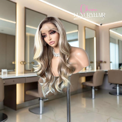 Elena-Perruque blond Balayage ondulée