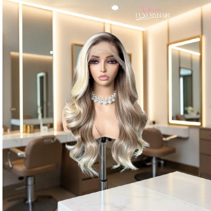 Elena-Perruque blond Balayage ondulée