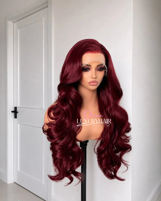 Bella-Perruque Bordeaux Long Ondulée Effet brillance